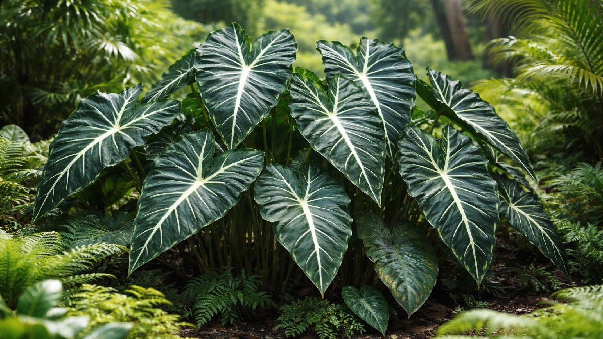 Healthy Alocasia plant with spiky leaves in a garden
