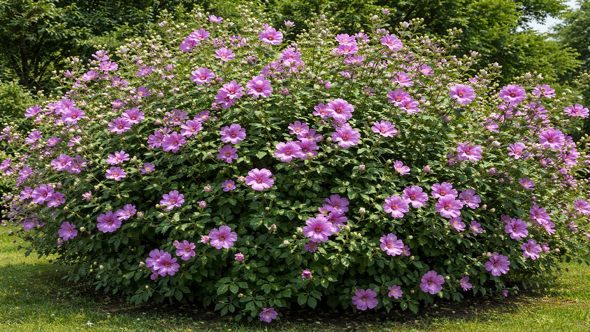 Healthy Althea Shrub (Rose of Sharon) plant with spiky leaves in a garden