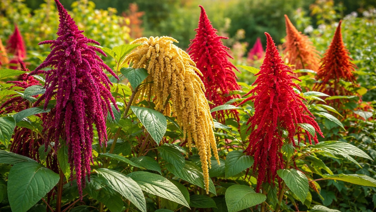 Healthy Amaranth plant with spiky leaves in a garden