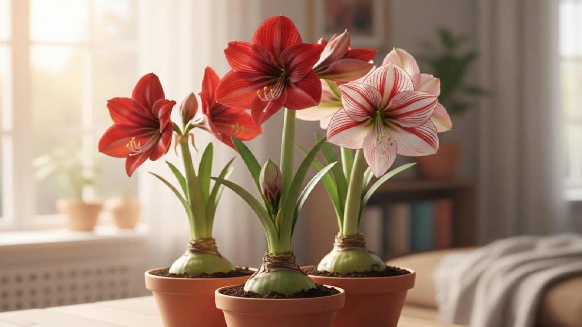 Healthy Amaryllis plant with spiky leaves in a garden