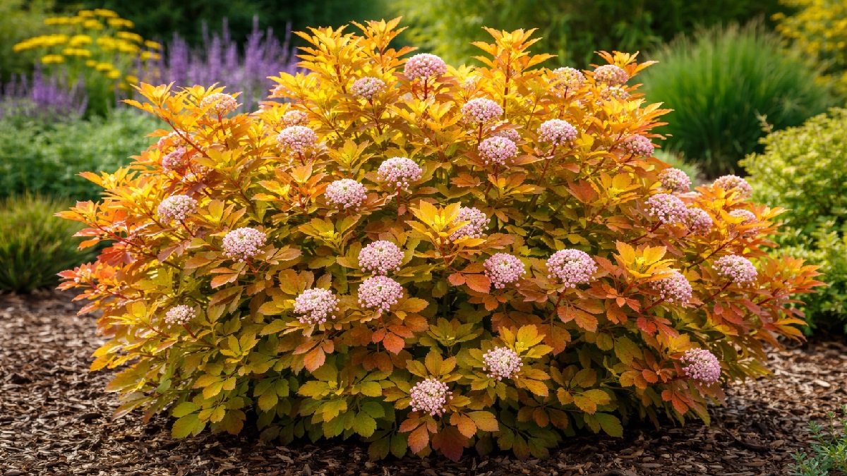 Amber Jubilee Ninebark shrub with colorful foliage growing in a garden