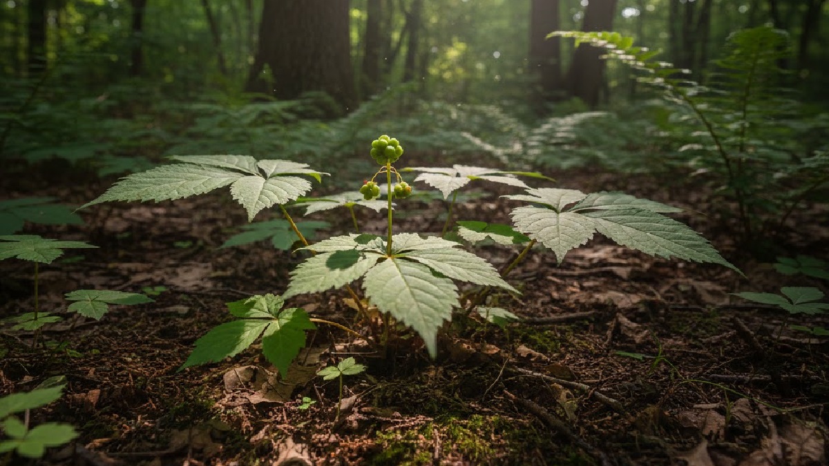 Healthy American Ginseng plant with spiky leaves in a garden