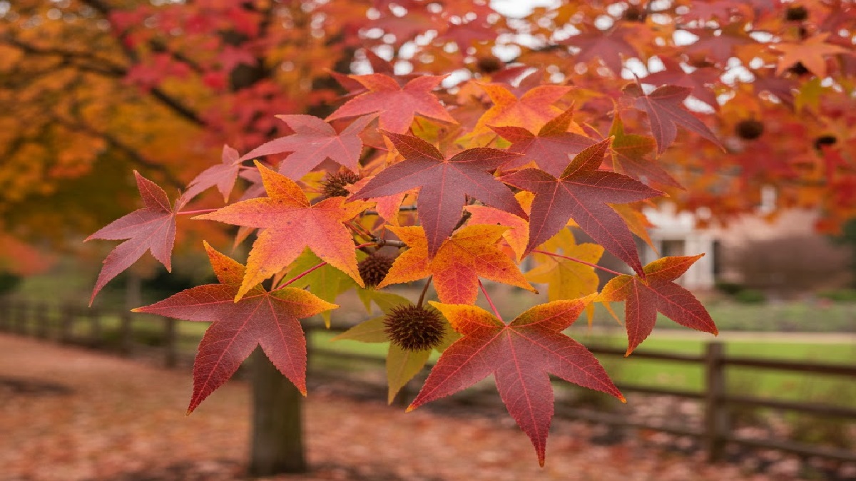 Healthy American sweetgum plant with spiky leaves in a garden