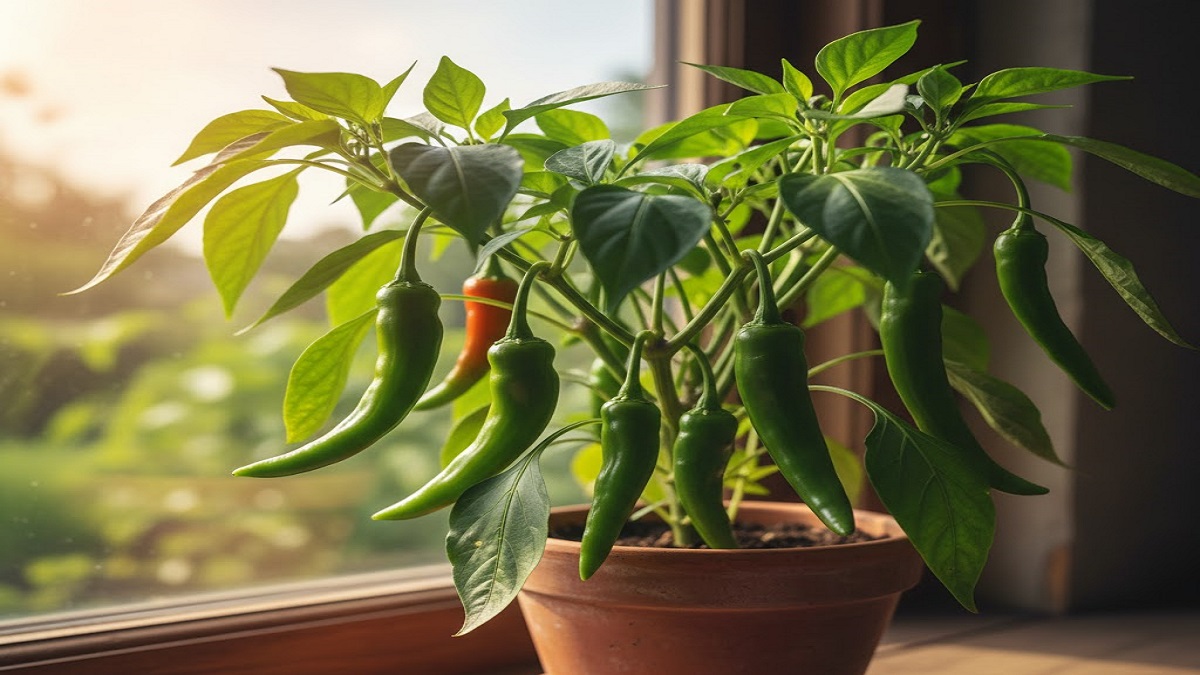 Healthy Anaheim Pepper plant with spiky leaves in a garden