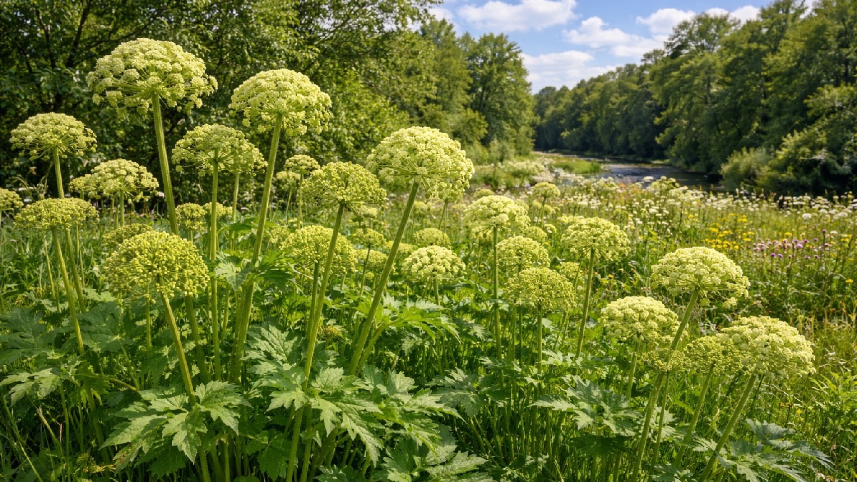 Healthy Angelica plant (Angelica archangelica) growing in garden soil
