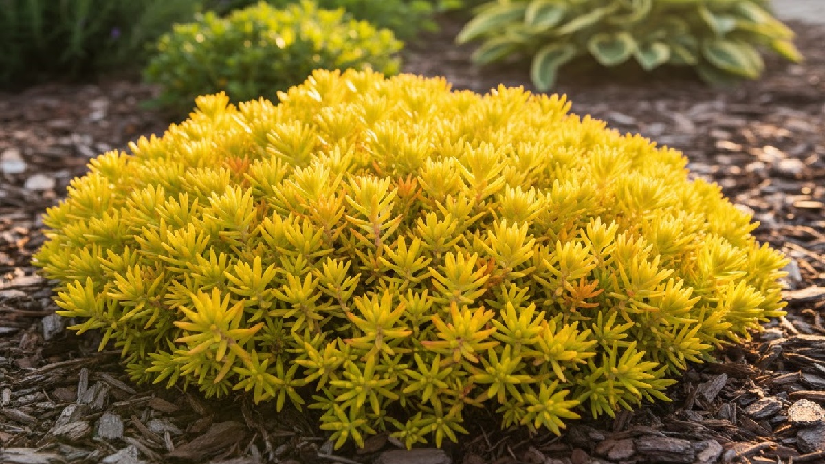 Healthy Angelina Stonecrop plant with spiky leaves in a garden