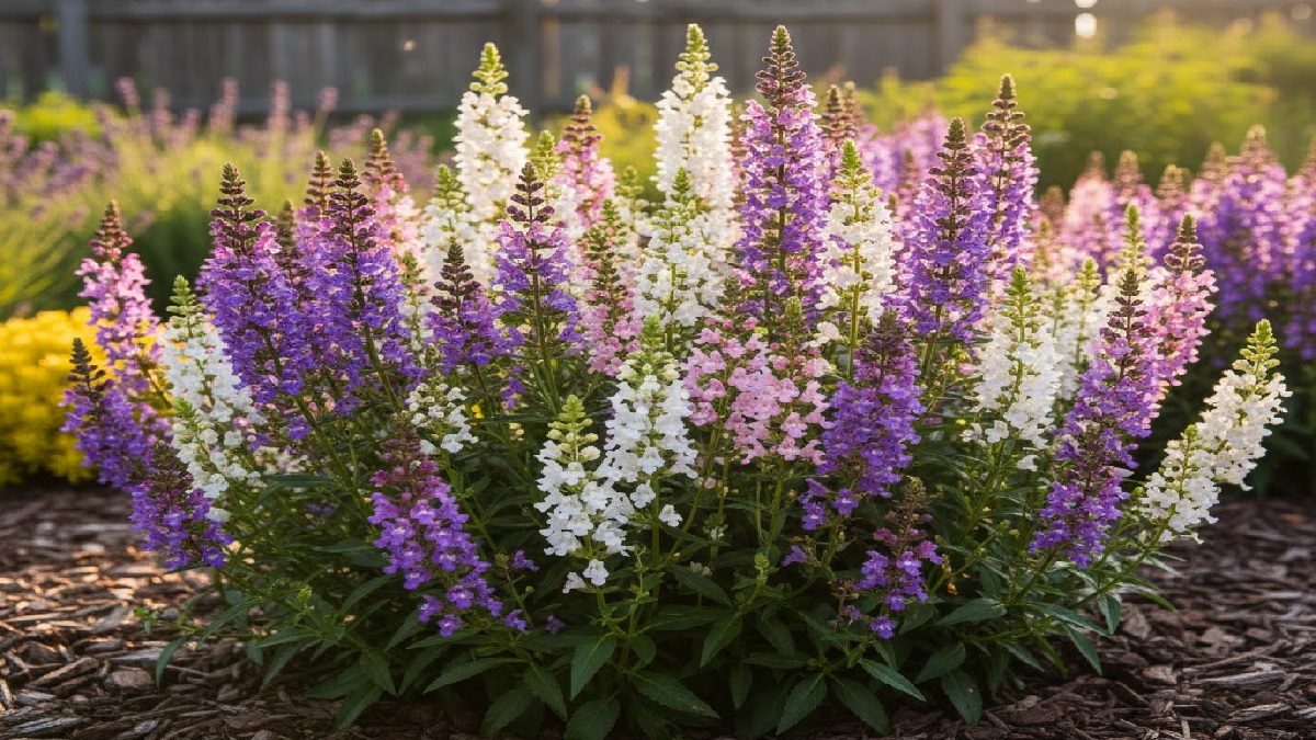 Healthy Angelonia plant with spiky leaves in a garden