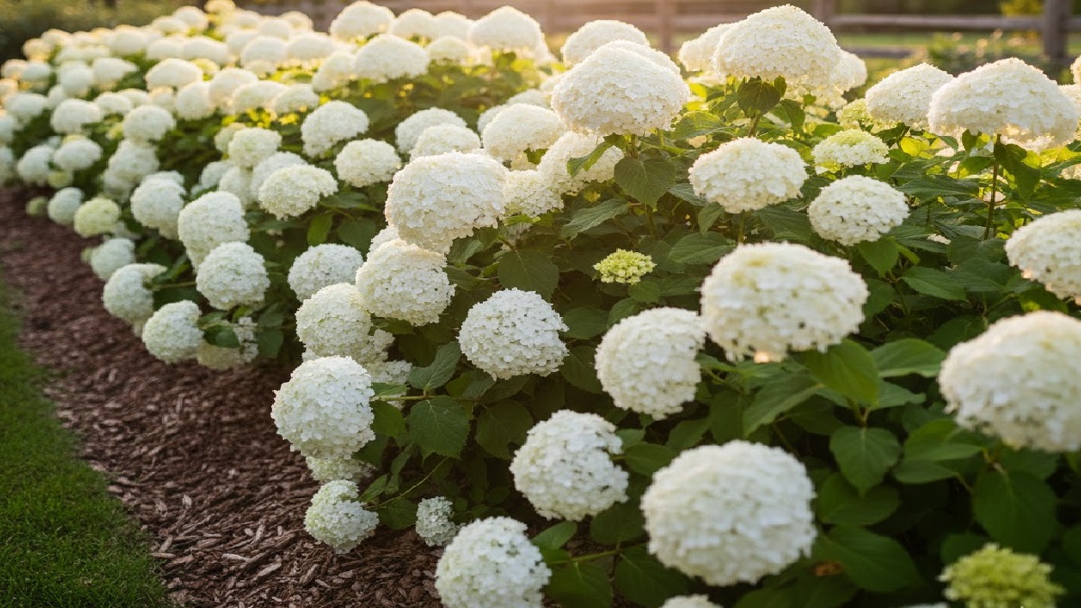 Annabelle hydrangea shrub with large white flower clusters blooming in a garden