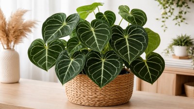 Healthy Anthurium clarinervium with velvety dark green heart-shaped leaves and prominent white veins