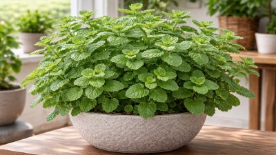 Healthy apple mint (Mentha suaveolens) plant with soft fuzzy green leaves growing in a garden