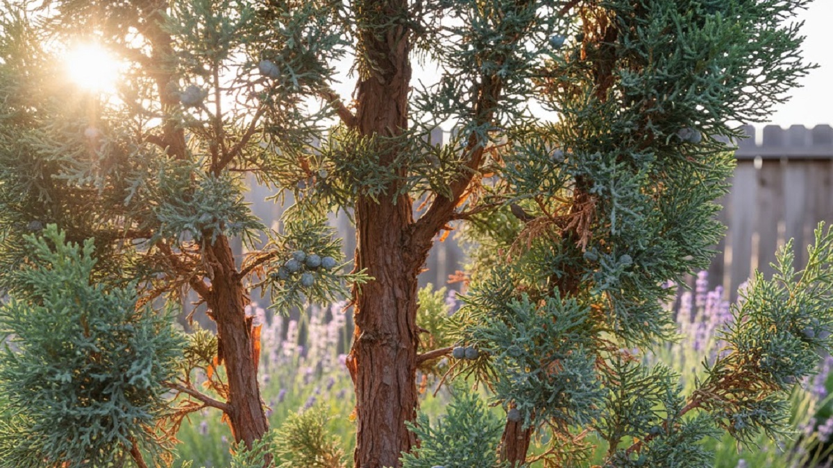 Healthy Arizona Cypress Tree (Cupressus arizonica) with silvery blue foliage growing in a sunny garden landscape