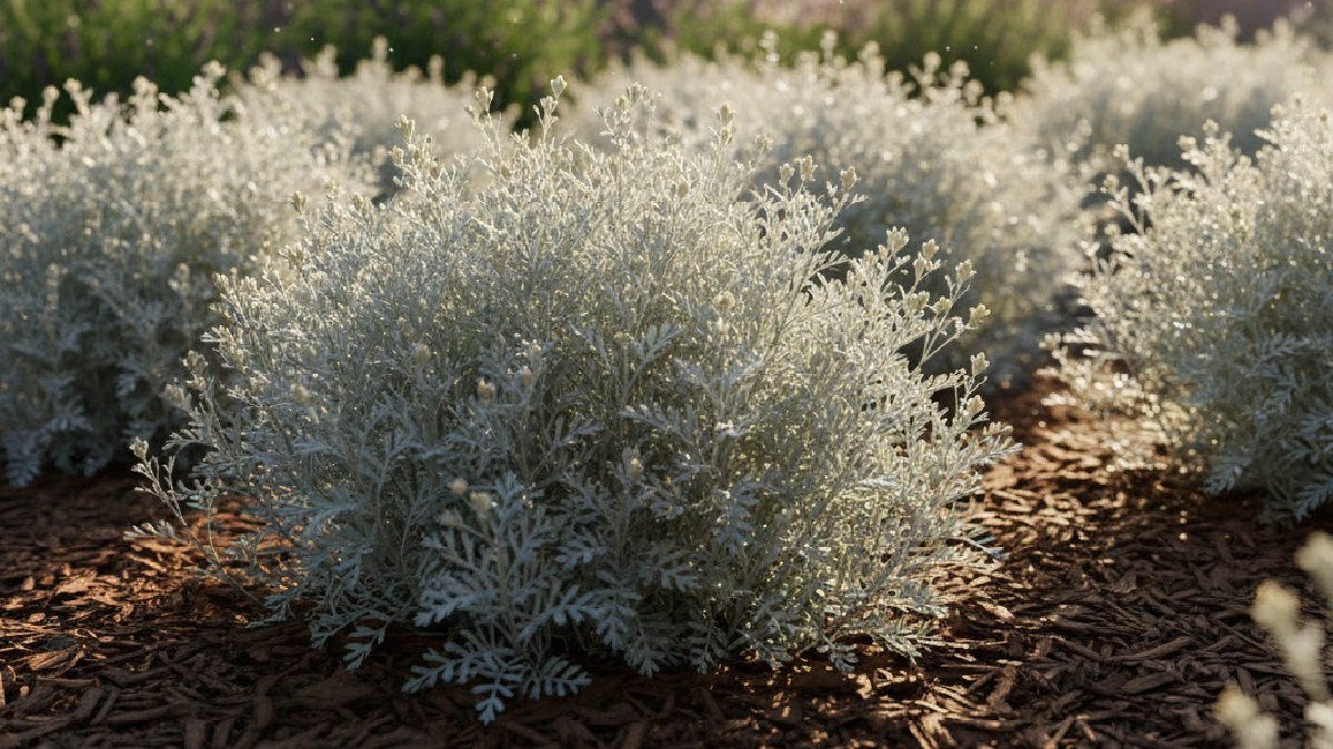 Healthy Artemisia plant with silvery-gray foliage growing in a sunny garden