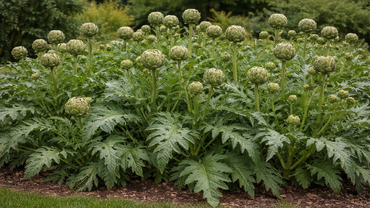Healthy globe artichoke plant with large edible buds and silvery-green foliage growing in a sunny garden