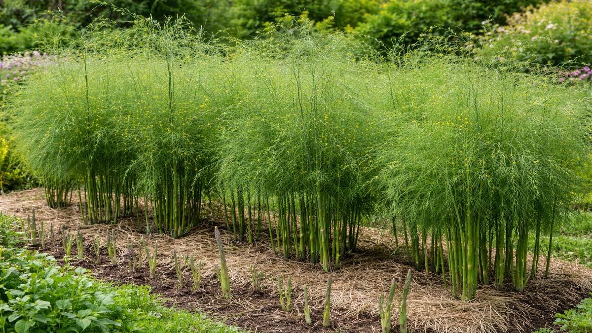 Healthy asparagus plant (Asparagus officinalis) with fern-like foliage growing in a sunny vegetable garden