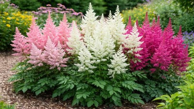 Healthy astilbe plant (Astilbe spp.) with feathery flower plumes blooming in a garden