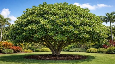Autograph tree with thick glossy green leaves growing in tropical garden