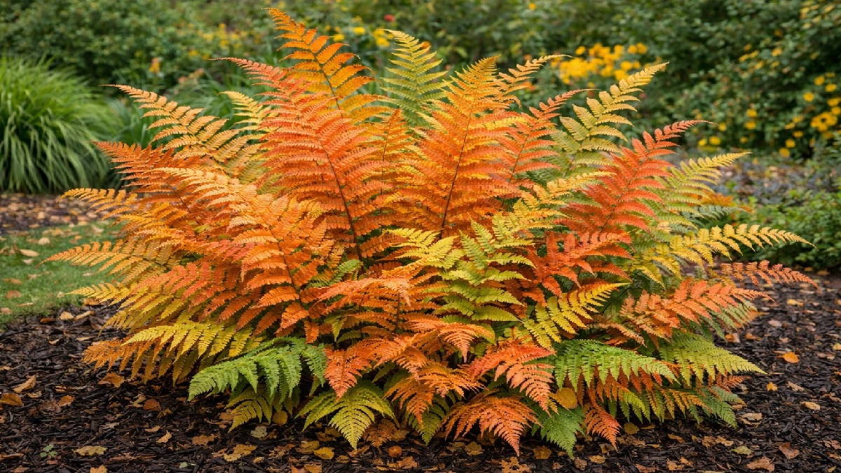 Autumn Fern with copper-colored young fronds in a shaded garden