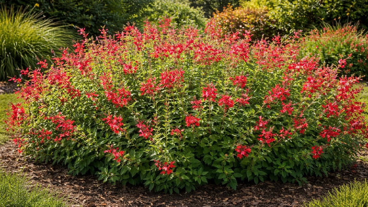Autumn Sage (Salvia greggii) plant with red tubular flowers attracting hummingbirds and pollinators