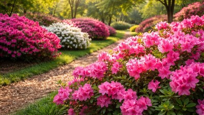 Azalea flowering shrub with bright pink blossoms