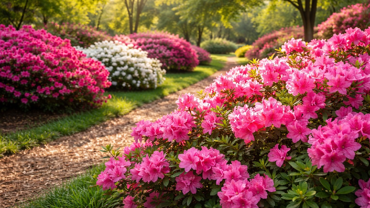Azalea flowering shrub with bright pink blossoms