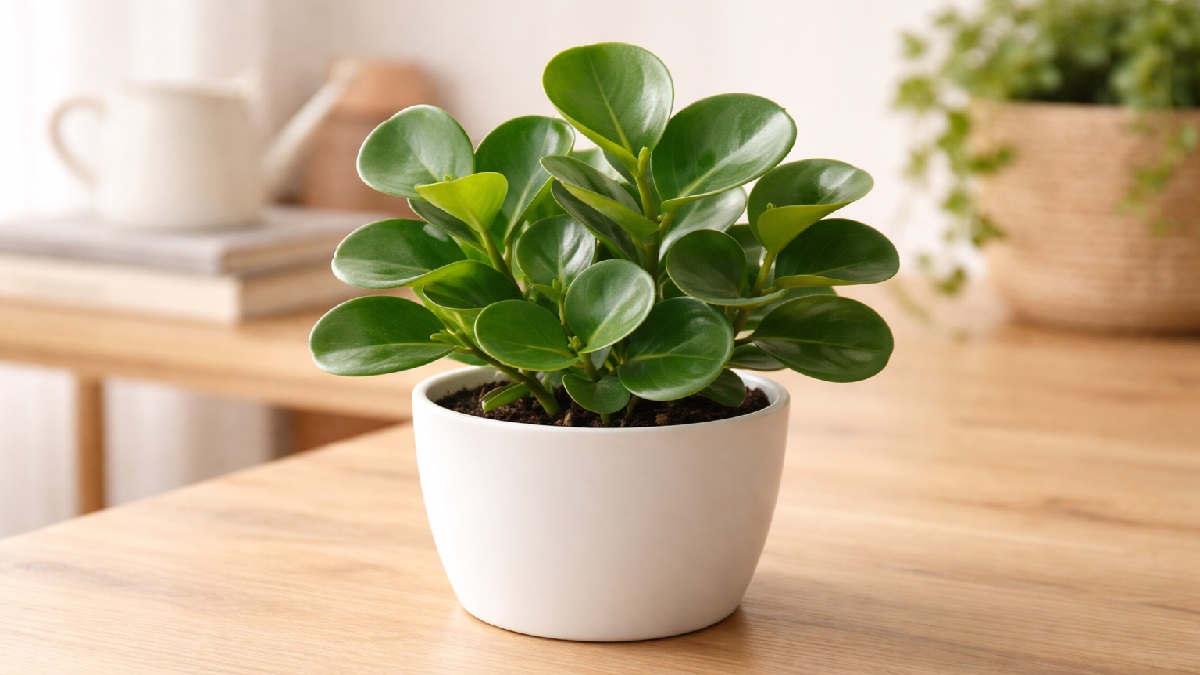 Baby Rubber Plant (Peperomia obtusifolia) with glossy green leaves growing indoors