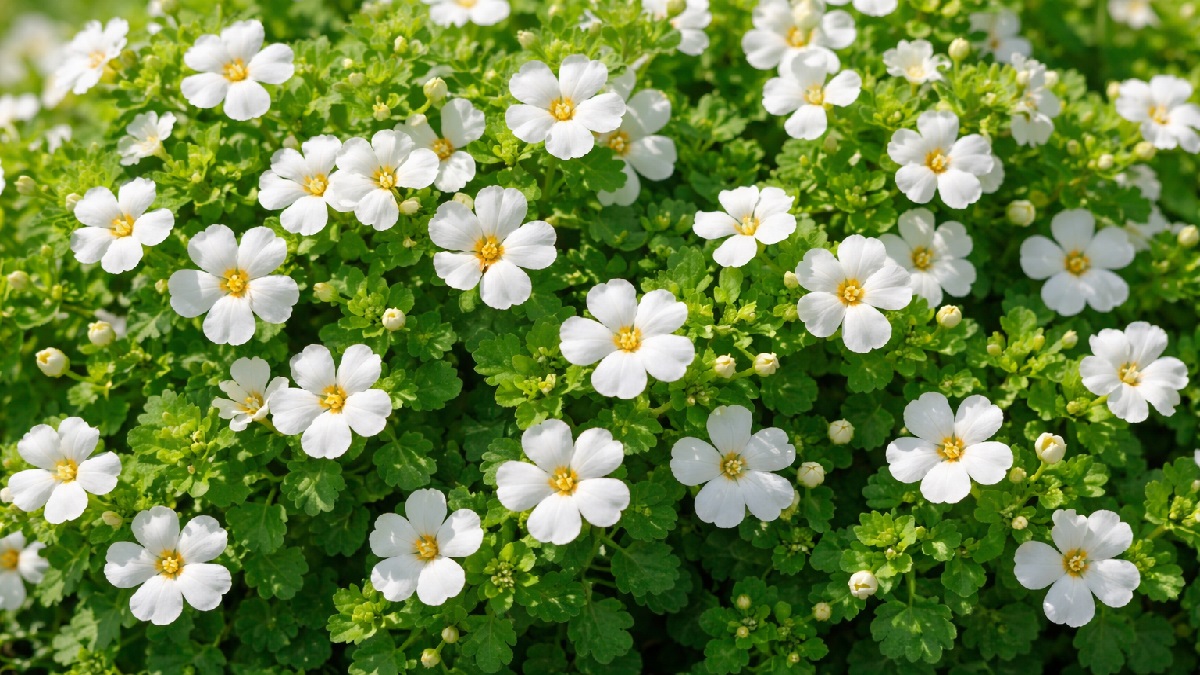 Bacopa (Sutera cordata) trailing plant with small white flowers in hanging basket