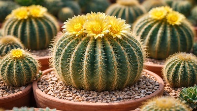 Ball Cactus (Parodia magnifica) with yellow flowers in terracotta pots