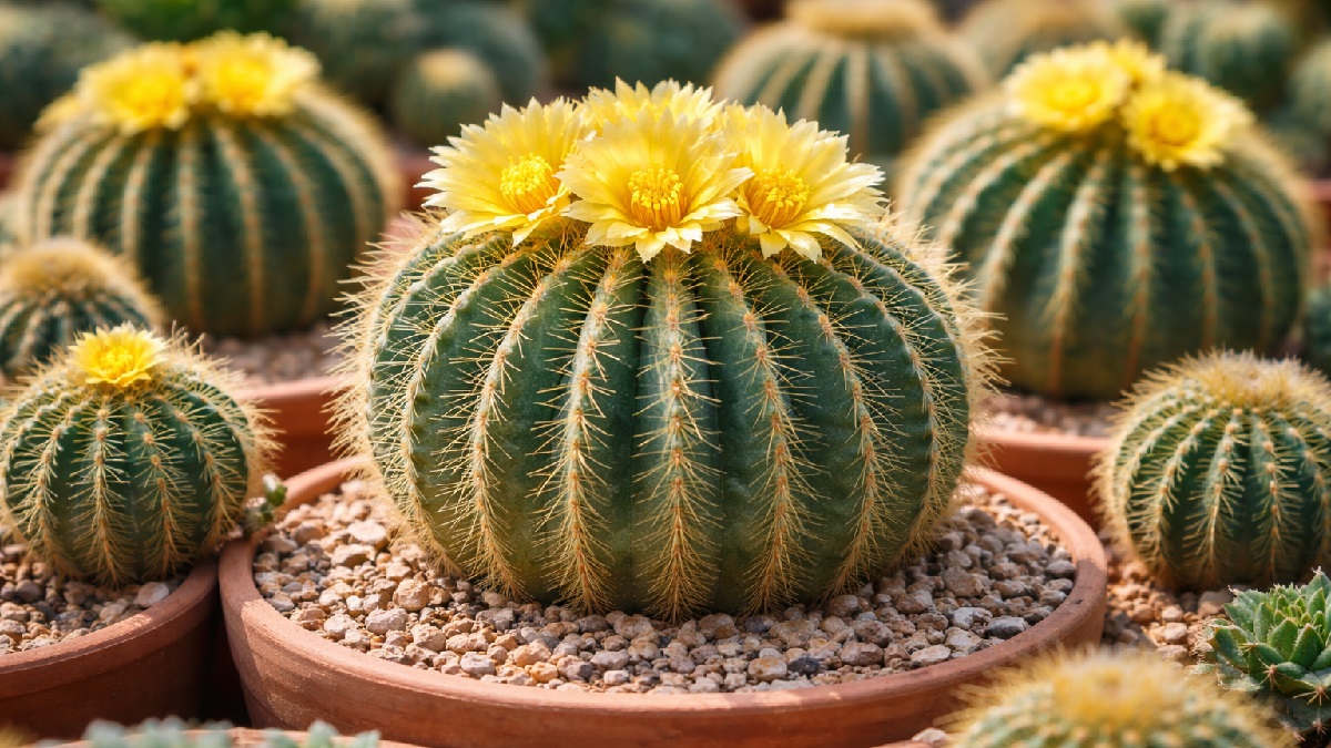 Ball Cactus (Parodia magnifica) with yellow flowers in terracotta pots