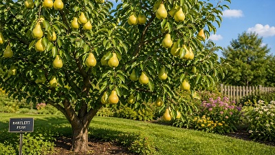Bartlett Pear Tree with ripe yellow pears growing in a sunny garden