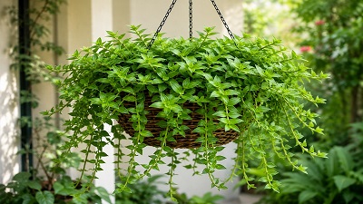 Healthy Basket Plant (Callisia fragrans) growing in a hanging basket with lush trailing green foliage