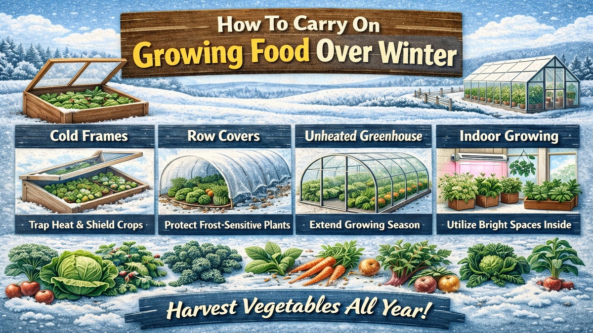 Growing vegetables and herbs in winter using cold-hardy crops, mulching, and protective gardening techniques