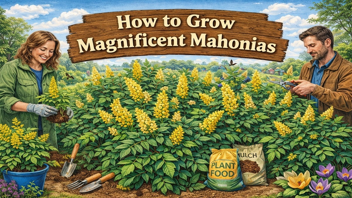 Magnificent Mahonia shrub with glossy evergreen leaves and bright yellow winter flowers