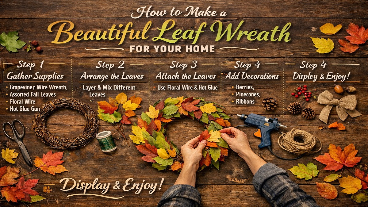 Handmade leaf wreath with seasonal leaves and decorative elements