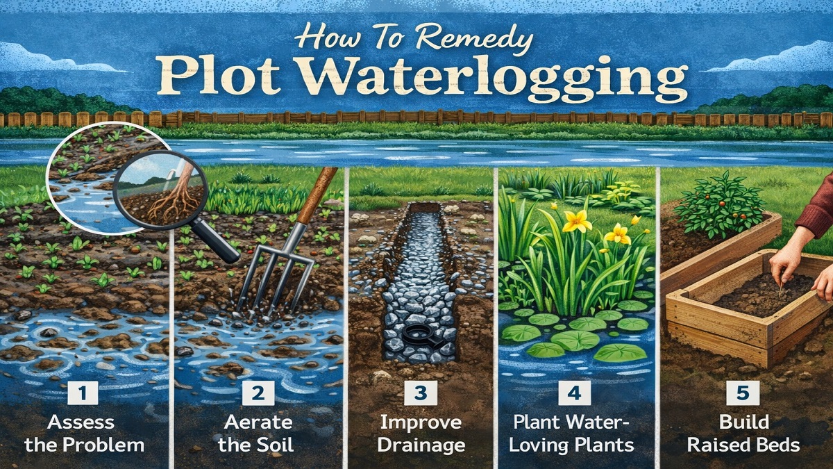 Waterlogged garden plot showing poor drainage and standing water around plants