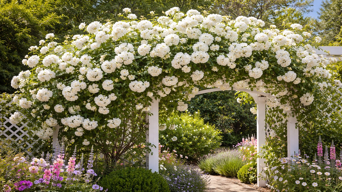 Iceberg Climbing Rose with clusters of pure white flowers growing on a garden trellis