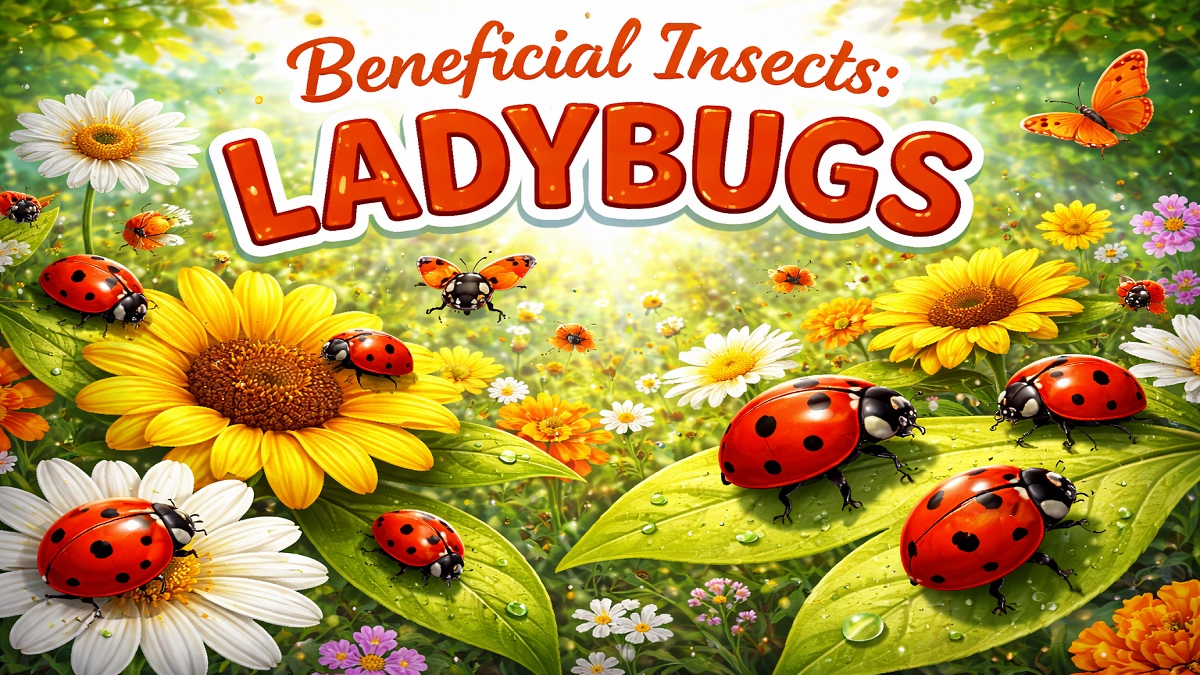 Ladybugs on plant leaves eating aphids in a garden for natural pest control