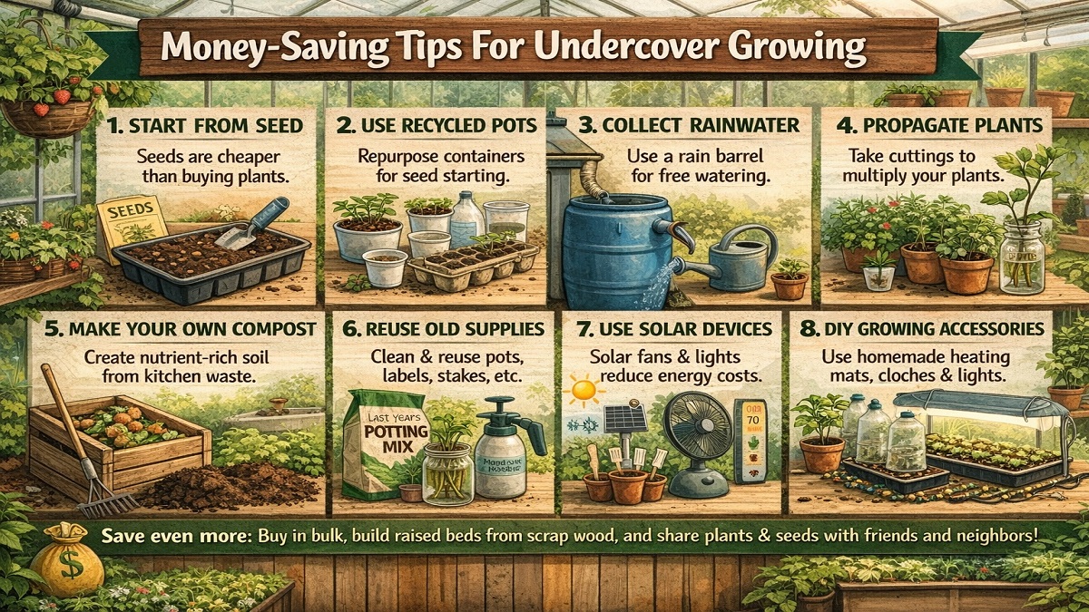 Money-saving undercover growing setup in a greenhouse using recycled containers and energy-efficient methods