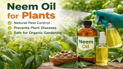 Neem oil spray applied on plants for pest control and organic gardening