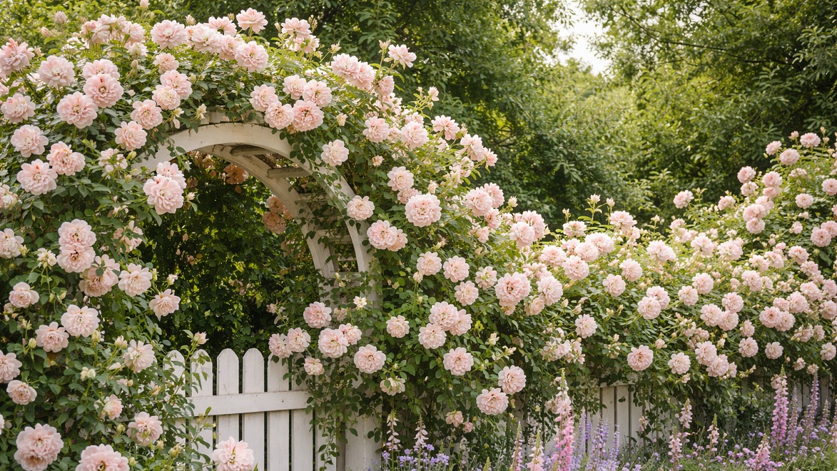 New Dawn climbing rose with soft blush pink flowers growing on a garden trellis in full bloom