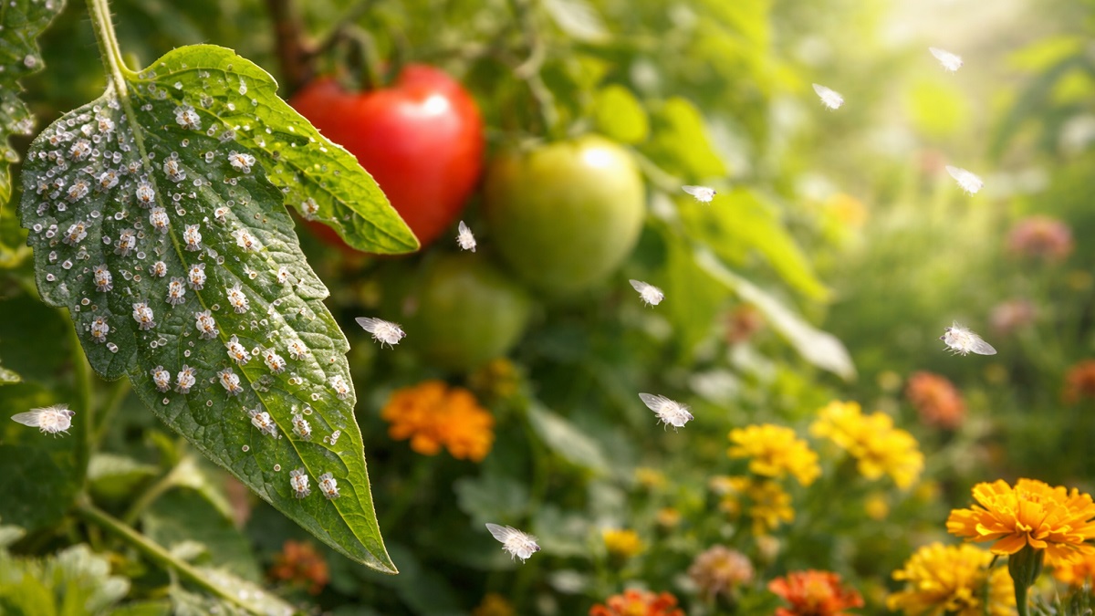 Whiteflies on plant leaves causing damage