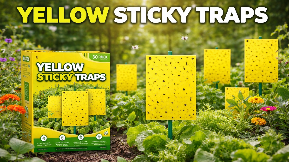 Yellow sticky traps placed among plants capturing aphids and whiteflies for natural pest control in a garden