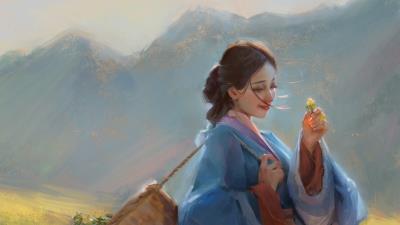 Asian Art Summer Fantasy Yellow Flower wallpaper