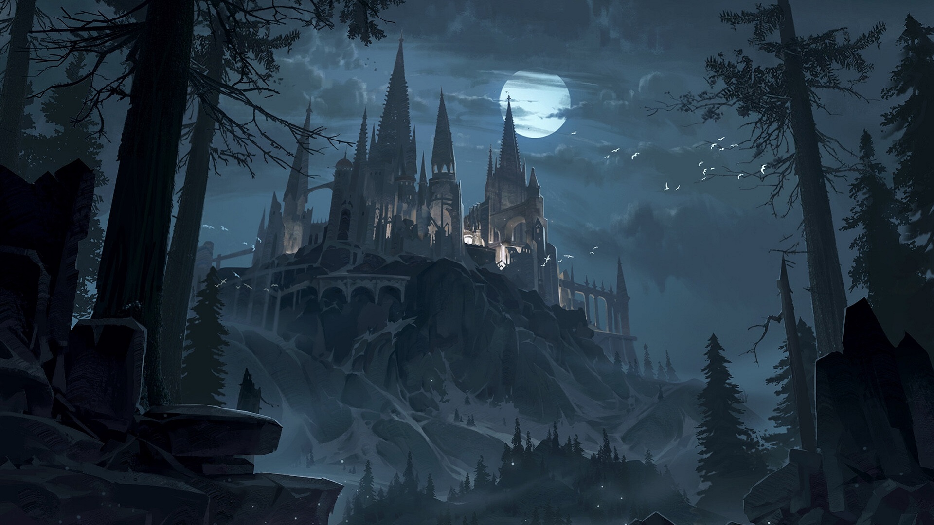 Castle Night Dark Halloween Moon Fantasy Wallpaper