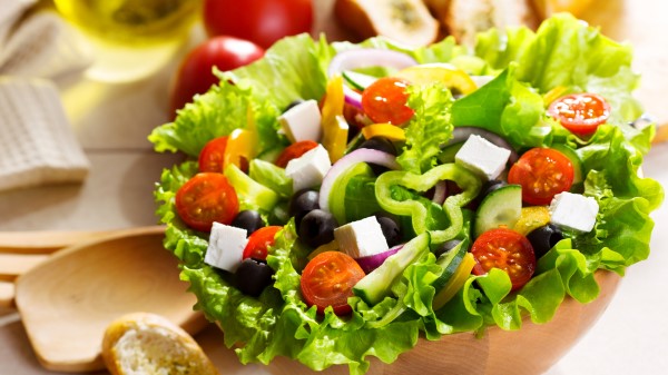 Salad Greek Vegetables Cucumbers Peppers Tomatoes Leaves wallpaper
