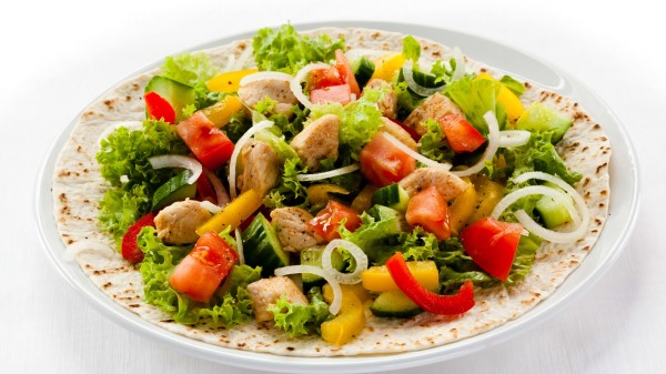 Salad Meat Vegetables Plate White Background Wallpaper