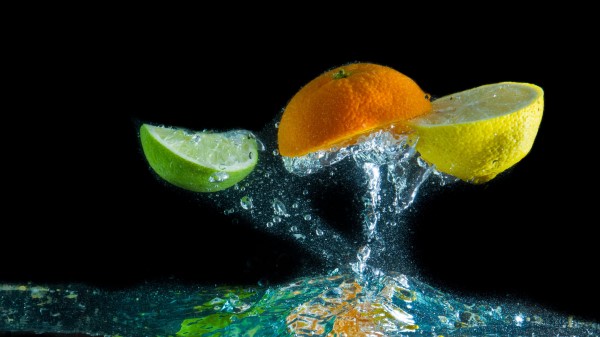 Slices Lime Orange Lemon Splash Water Black Background wallpaper