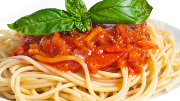 Spaghetti Dish Vegetables Leaves White Background wallpaper