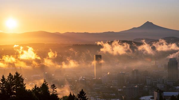 City Fog Sunset wallpaper