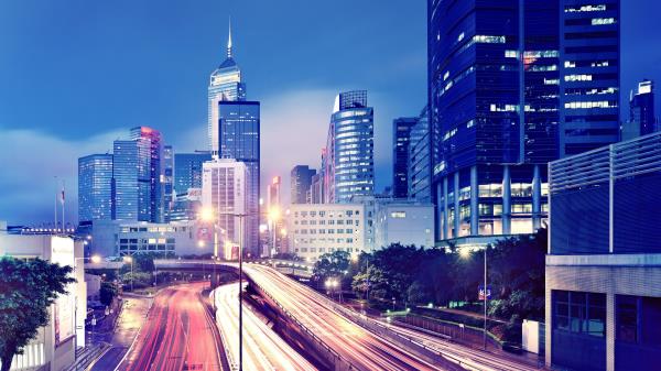 Hong Kong Lights Evening Metropolis Buildings Skyscrapers Roads Traffi wallpaper