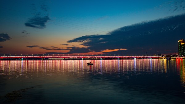 Night City Bridge Boat Sea wallpaper